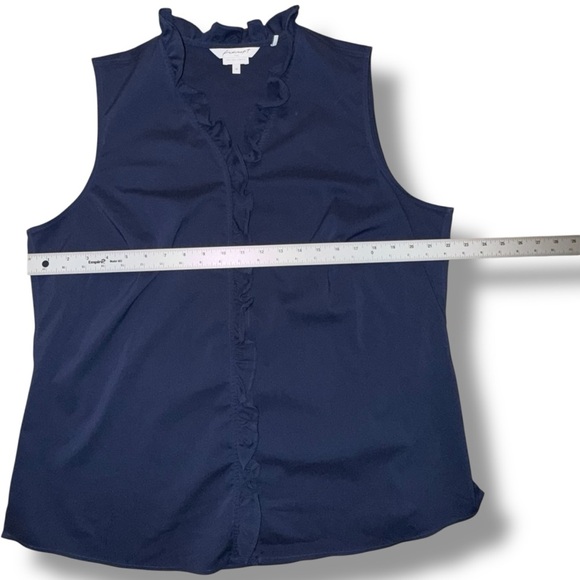 FOXCROFT Gwen Ruffle Non-Iron Stretch Button-Up Sleeveless Shirt Navy 18 - Picture 8 of 13